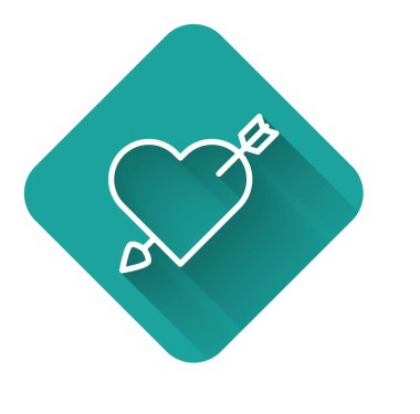 Kalp ve ok ikonlu beyaz çizgi Amour sembolü uzun gölgeli. Aşk işareti. Sevgililer Günü sembolü. Yeşil kare düğmesi. Vektör İllüstrasyonu