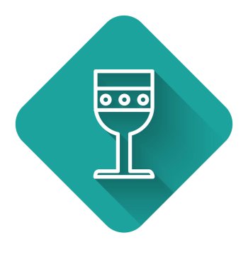 Beyaz çizgi Ortaçağ kadeh ikonu uzun gölgeli izole edilmiş. Yeşil kare düğmesi. Vektör İllüstrasyonu