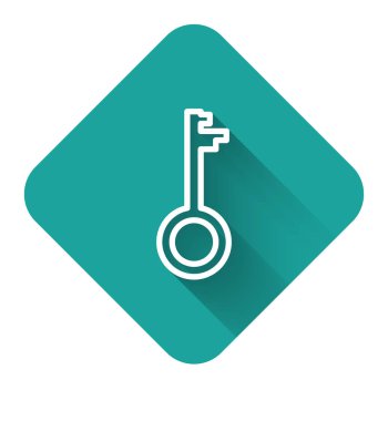 Beyaz çizgi Eski anahtar simgesi uzun gölgeli izole edilmiş. Yeşil kare düğmesi. Vektör İllüstrasyonu