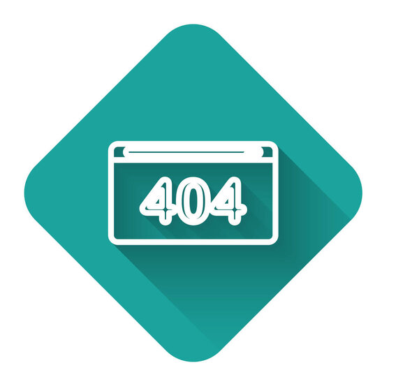 White line Page with a 404 error icon isolated with long shadow. Template reports that the page is not found. Green square button. Vector Illustration