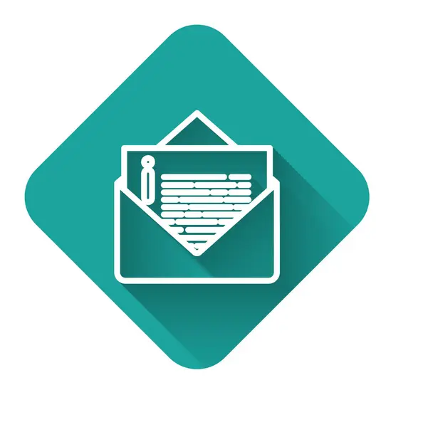 White line Envelope icon isolated with long shadow. Email message letter symbol. Green square button. Vector Illustration — 스톡 벡터
