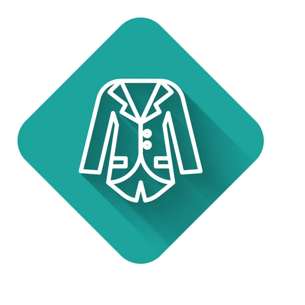 Blazer de línea blanca o icono de la chaqueta aislado con sombra larga. Botón cuadrado verde. Ilustración vectorial — Archivo Imágenes Vectoriales