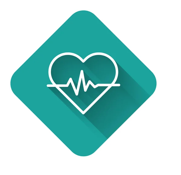 White line Heart rate icon isolated with long shadow. Heartbeat sign. Heart pulse icon. Cardiogram icon. Green square button. Vector Illustration — Stock Vector