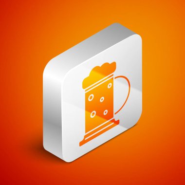 Turuncu arka planda izole edilmiş Isome Tahta Bira Kupa ikonu. Gümüş kare düğme. Vektör İllüstrasyonu