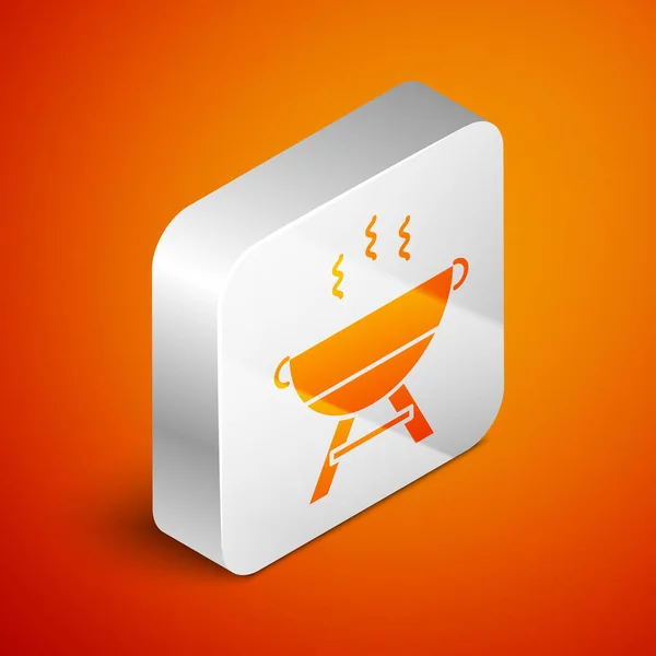 Isometric Barbecue grill icon isolated on orange background. BBQ grill party. Silver square button. Vector Illustration — Stock Vector