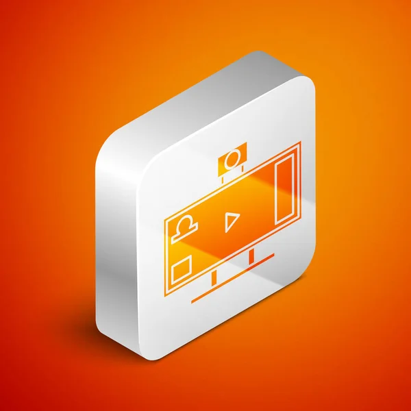 Isométrico Icono de reproducción de videojuegos en vivo aislado sobre fondo naranja. Botón cuadrado plateado. Ilustración vectorial — Vector de stock