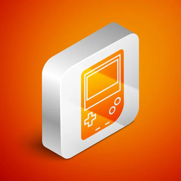 Isometric Portable video game console icon isolated on orange background. Gamepad sign. Gaming concept. Silver square button. Vector Illustration — 스톡 벡터