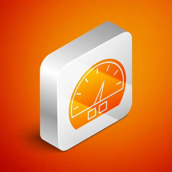 Icono isométrico del velocímetro aislado sobre fondo naranja. Botón cuadrado plateado. Ilustración vectorial — Vector de stock