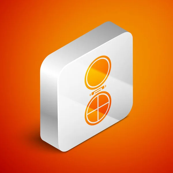 Isometrisches Make-up-Puder mit Spiegelsymbol auf orangefarbenem Hintergrund. Silberner quadratischer Knopf. Vektorillustration — Stockvektor