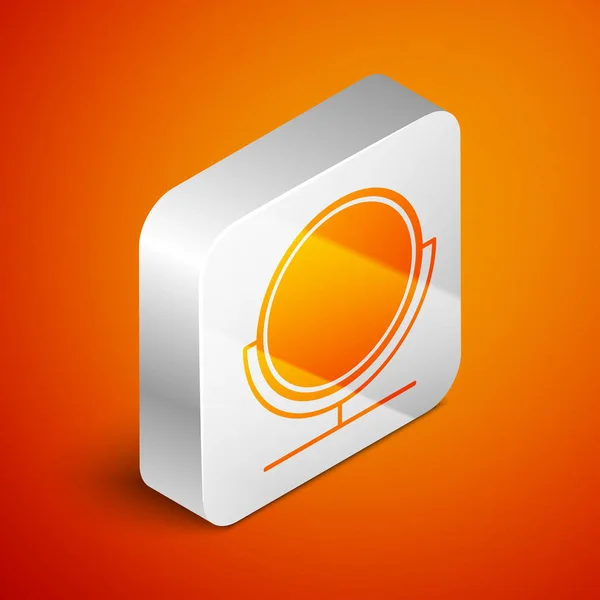 Isometrischer runder Schminkspiegel auf orangefarbenem Hintergrund. Silberner quadratischer Knopf. Vektorillustration — Stockvektor