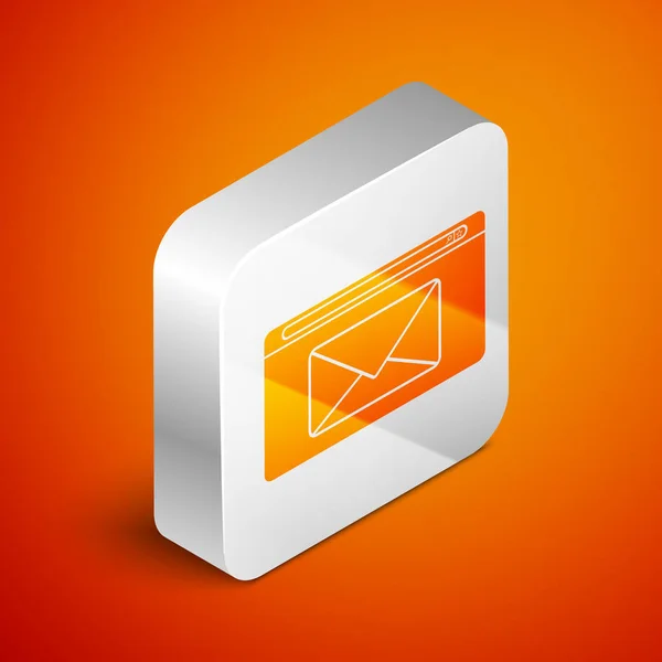 Ícone de e-mail e correio isométrico isolado no fundo laranja. Envelope símbolo e-mail. E-mail sinal de mensagem. Botão quadrado de prata. Ilustração vetorial — Vetor de Stock