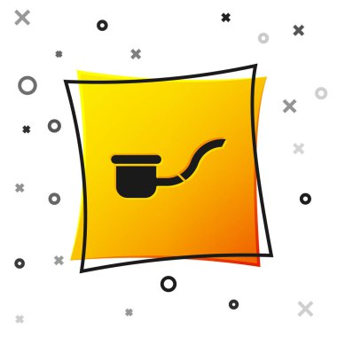 Beyaz arka planda izole edilmiş duman simgesi olan siyah tüttürme piposu. Tütün piposu. Sarı kare düğme. Vektör İllüstrasyonu