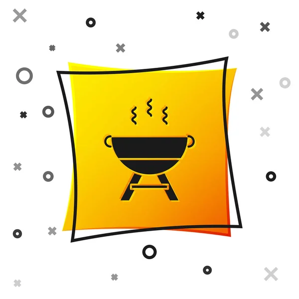 Zwarte barbecue grill icoon geïsoleerd op witte achtergrond. BBQ Grill partij. Gele vierkante knop. Vector illustratie — Stockvector