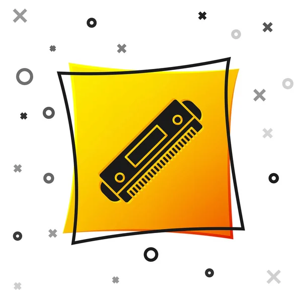 Schwarzes Mundharmonika-Symbol isoliert auf weißem Hintergrund. Musikinstrument. gelber quadratischer Knopf. Vektorillustration — Stockvektor