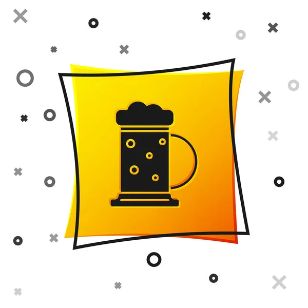 Taza de cerveza negra icono aislado sobre fondo blanco. Botón cuadrado amarillo. Ilustración vectorial — Vector de stock