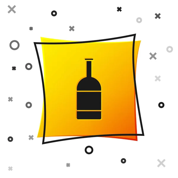 Ícone de garrafa de cerveja preta isolado no fundo branco. Botão quadrado amarelo. Ilustração vetorial — Vetor de Stock
