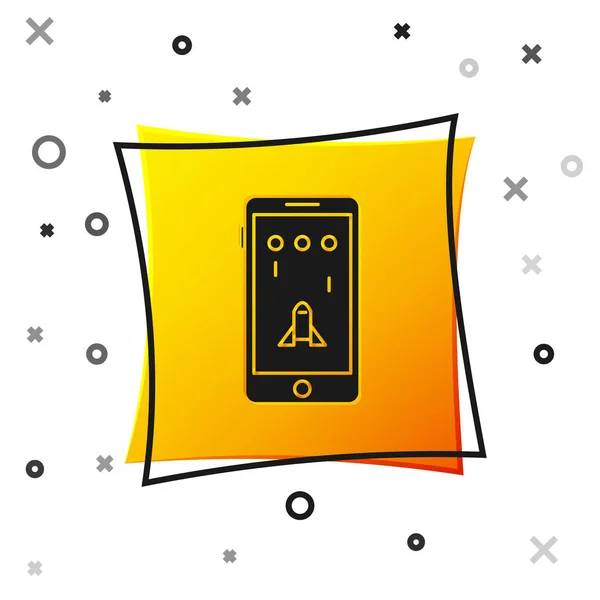 Smartphone Negro y jugar en el icono del juego aislado sobre fondo blanco. Concepto de juego móvil. Botón cuadrado amarillo. Ilustración vectorial — Archivo Imágenes Vectoriales