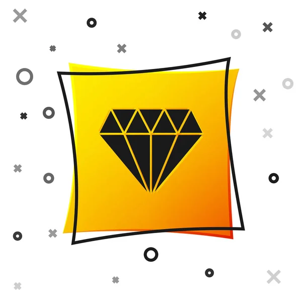 Ícone de diamante preto isolado no fundo branco. Símbolo de jóias. Pedra preciosa. Botão quadrado amarelo. Ilustração vetorial — Vetor de Stock