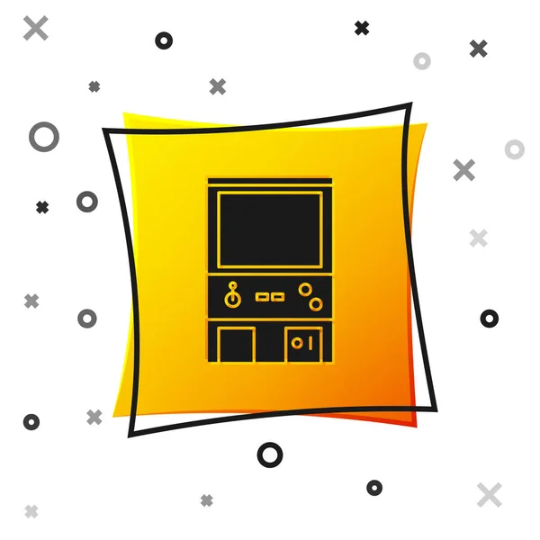Black Retro ícone máquina de jogo de arcade isolado no fundo branco. Botão quadrado amarelo. Ilustração vetorial — Vetor de Stock