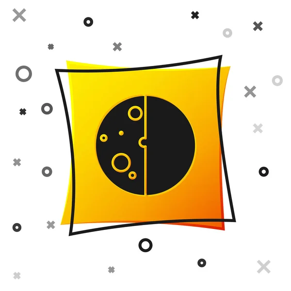 Eclissi nera dell'icona del sole isolata su sfondo bianco. Eclissi sonar totale. Pulsante quadrato giallo. Illustrazione vettoriale — Vettoriale Stock