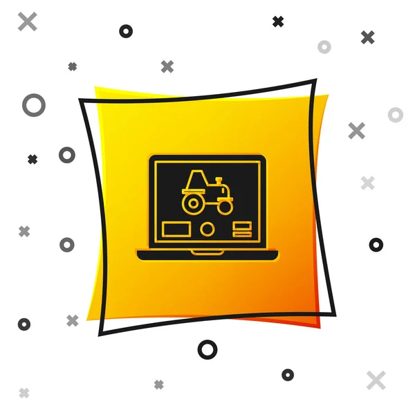 Black Laptop application for control a autonomous tractor on a smart farm icon isolated on white background. Smart agriculture implement. Yellow square button. Vector Illustration — Stock Vector
