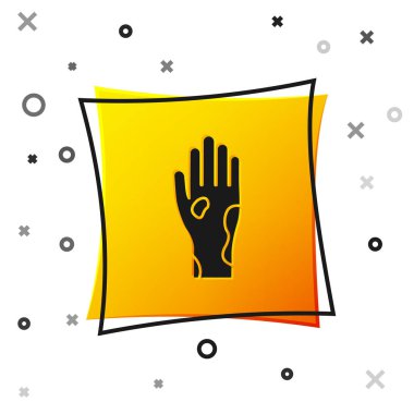 Beyaz arka planda sedef ya da egzama ikonu olan Kara El. Alerjene veya kronik vücut sorununa karşı insan derisi tepkisi kavramı. Sarı kare düğme. Vektör İllüstrasyonu