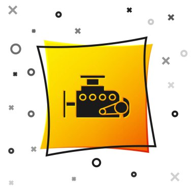 Siyah araba motoru simgesi beyaz arkaplanda izole edildi. Sarı kare düğme. Vektör İllüstrasyonu