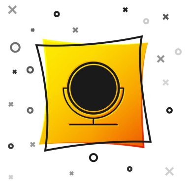 Siyah yuvarlak makyaj aynası ikonu beyaz arkaplanda izole edilmiş. Sarı kare düğme. Vektör İllüstrasyonu