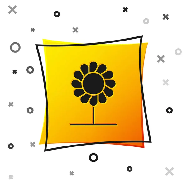 Schwarzes Blumensymbol isoliert auf weißem Hintergrund. gelber quadratischer Knopf. Vektorillustration — Stockvektor