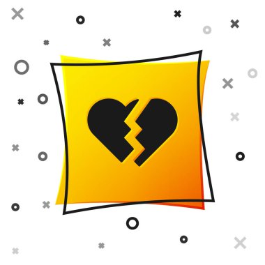 Siyah Kırık Kalp ya da beyaz arka planda izole edilmiş boşanma ikonu. Aşk sembolü. Sevgililer Günü. Sarı kare düğme. Vektör İllüstrasyonu