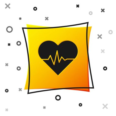 Siyah Kalp hızı simgesi beyaz arka planda yalıtılmış. Kalp atışı işareti. Kalp nabız simgesi. Kardiyogram simgesi. Sarı kare düğmesi. Vektör İllüstrasyonu