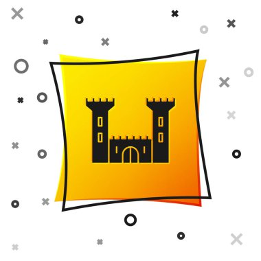 Siyah Kale simgesi beyaz arkaplanda izole edildi. Kale işareti. Sarı kare düğme. Vektör İllüstrasyonu