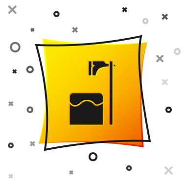 Beyaz arkaplanda izole edilmiş siyah cellat baltası. Cellat, işkenceci, cellat, işkenceci, kasap, cellat. Sarı kare düğme. Vektör İllüstrasyonu