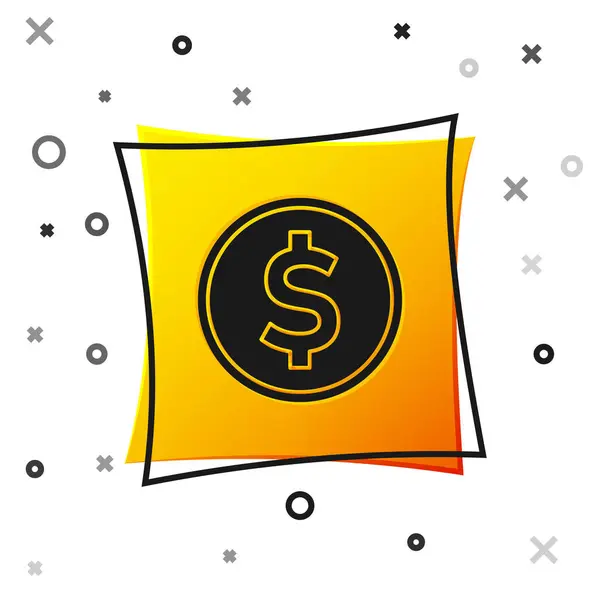 Moeda preta dinheiro com símbolo de dólar ícone isolado no fundo branco. Sinal de moeda bancária. Símbolo. Botão quadrado amarelo. Ilustração vetorial — Vetor de Stock