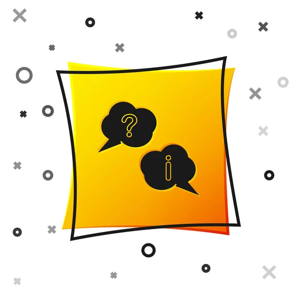 Burbujas de voz negra con icono de pregunta y exclamación aislado sobre fondo blanco. Signo FAQ. Copia archivos, charla burbuja de voz y gráfico. Botón cuadrado amarillo. Ilustración vectorial — Vector de stock