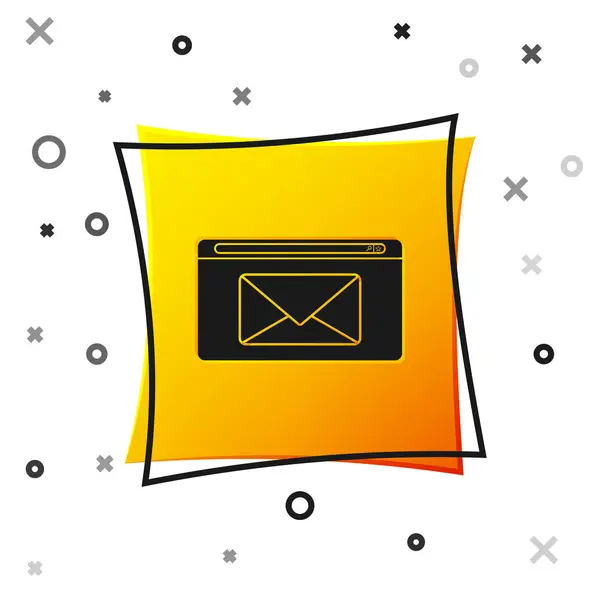 Zwart e-mailadres en e-mail pictogram geïsoleerd op witte achtergrond. E-mail met envelop symbool. E-mail bericht ondertekenen. Gele vierkante knop. Vector illustratie — Stockvector