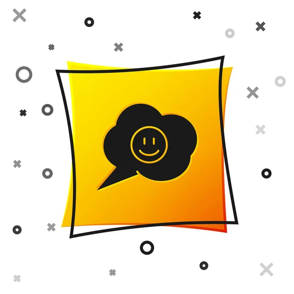 Bulle de parole noire avec icône de visage sourire isolé sur fond blanc. Émoticône souriant. Joyeux symbole de chat souriant. Bouton carré jaune. Illustration vectorielle — Image vectorielle