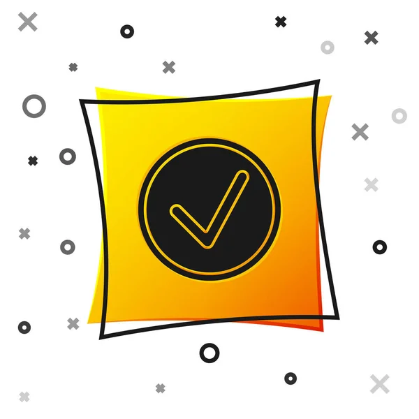 Black Check mark in circle icon isolated on white background. Choice button sign. Checkmark symbol. Yellow square button. Vector Illustration — 스톡 벡터