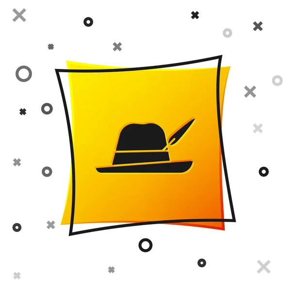 Zwarte Oktoberfest hoed pictogram geïsoleerd op witte achtergrond. Hunter hoed met veer. Duitse hoed. Gele vierkante knop. Vector Illustratie — Stockvector