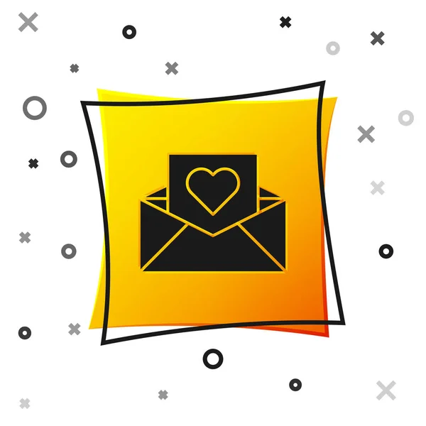 Black Envelope with Valentine heart icon isolated on white background. Message love. Letter love and romance. Yellow square button. Vector Illustration — 스톡 벡터