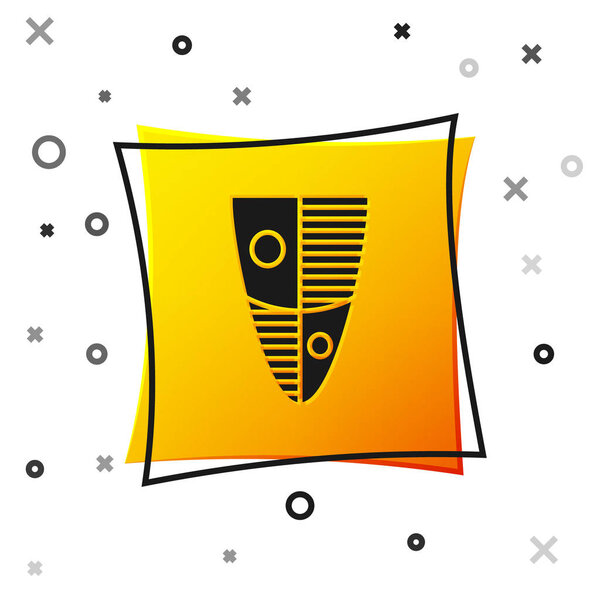 Black Shield icon isolated on white background. Guard sign. Security, safety, protection, privacy concept. Yellow square button. Vector Illustration