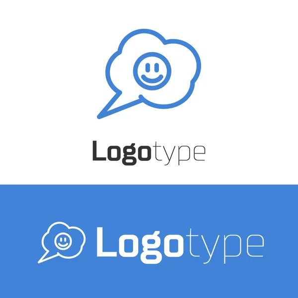 Linha azul Bolha de fala com ícone de rosto de sorriso isolado no fundo branco. Emoticon sorridente. Feliz símbolo de chat sorridente. Elemento de modelo de design de logotipo. Ilustração vetorial — Vetor de Stock