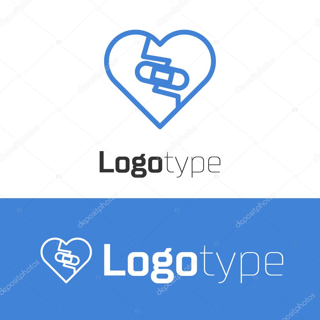 Blue line Healed broken heart or divorce icon isolated on white background. Shattered and patched heart. Love symbol. Valentines day. Logo design template element. Vector Illustration
