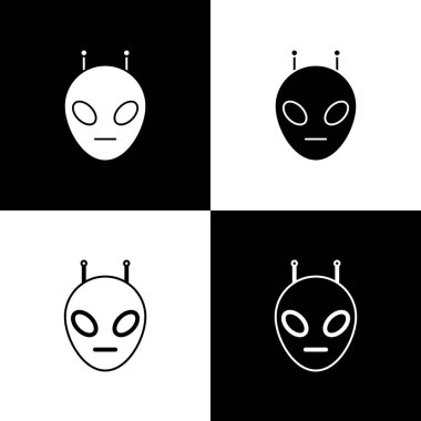 Siyah beyaz arka planda yalıtılmış Alien simgesini ayarlayın. Dünya dışı uzaylı yüzü veya baş sembolü. Vektör İllüstrasyonu