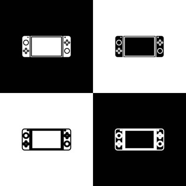 Portatif oyun konsolu simgesini siyah ve beyaz arkaplanda izole et. Av alanı tabelası. Oyun konsepti. Vektör İllüstrasyonu