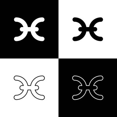 Balığın burç simgesini siyah beyaz arkaplanda izole et. Astrolojik yıldız falı koleksiyonu. Vektör İllüstrasyonu