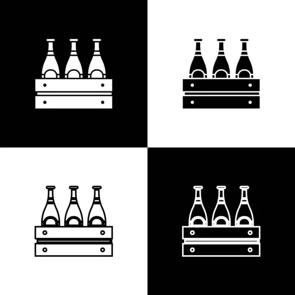 Zestaw Pakiet ikon butelek piwa izolowanych na czarno-białym tle. Drewniane pudełko i butelki po piwie. Skrzynka z piwem. Ilustracja wektora — Wektor stockowy