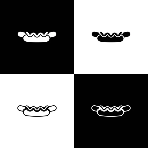 Set Hotdog sandwich with mustard icon isolated on black and white background. Sausage icon. Street fast food menu. Vector Illustration — 스톡 벡터