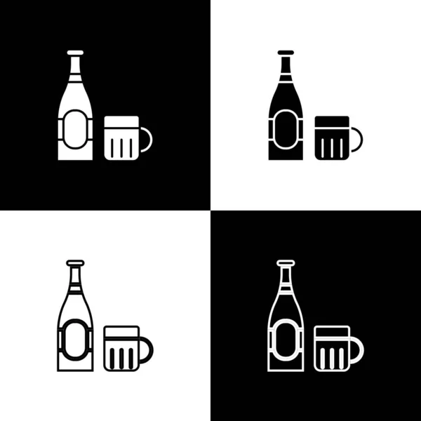 Set bouteille de bière et icône en verre isolé sur fond noir et blanc. Boisson d'alcool symbole. Illustration vectorielle — Image vectorielle