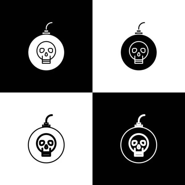 Set Bomb listo para explotar icono aislado sobre fondo blanco y negro. Feliz fiesta de Halloween. Ilustración vectorial — Vector de stock